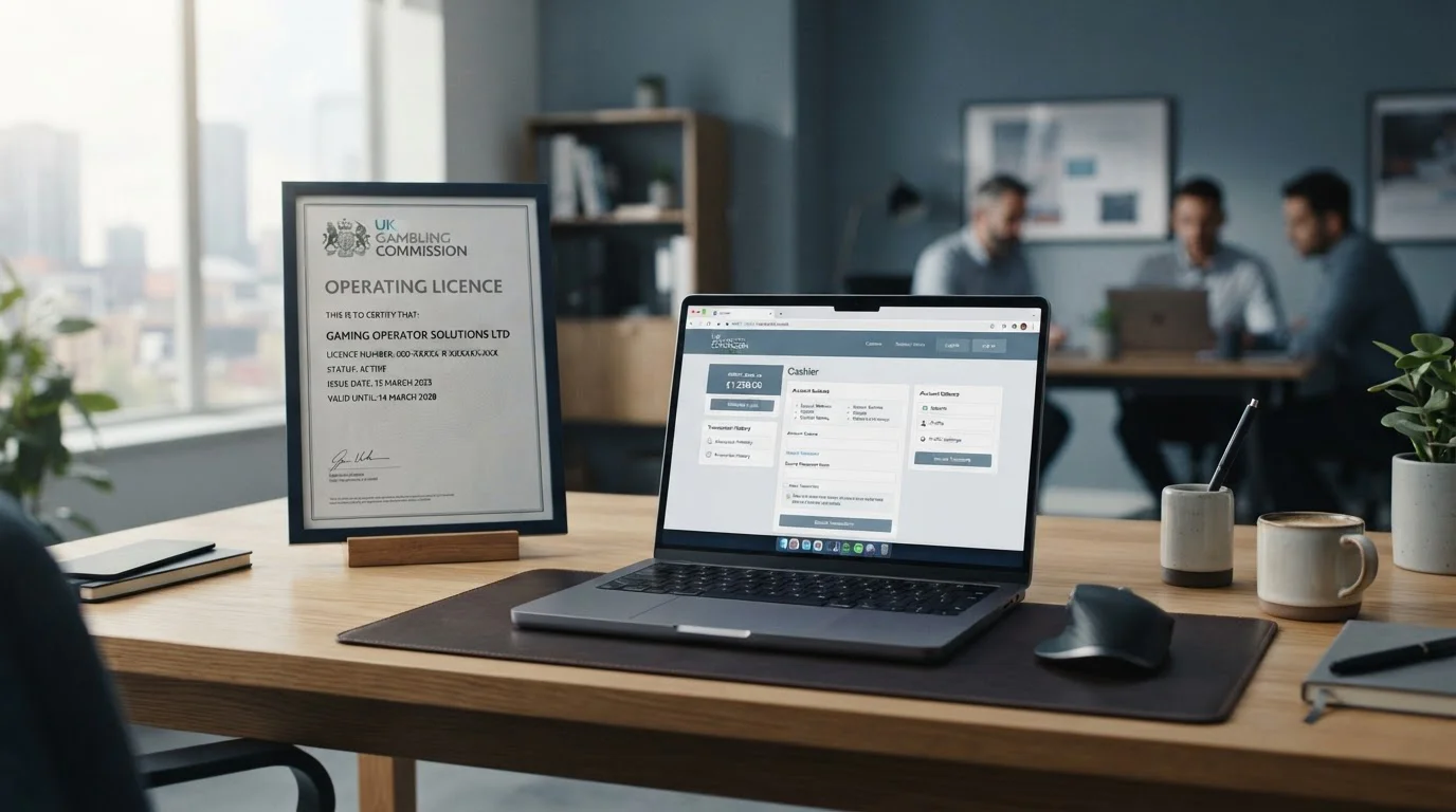 UKGC licence certificate on desk with modern laptop showing casino cashier page