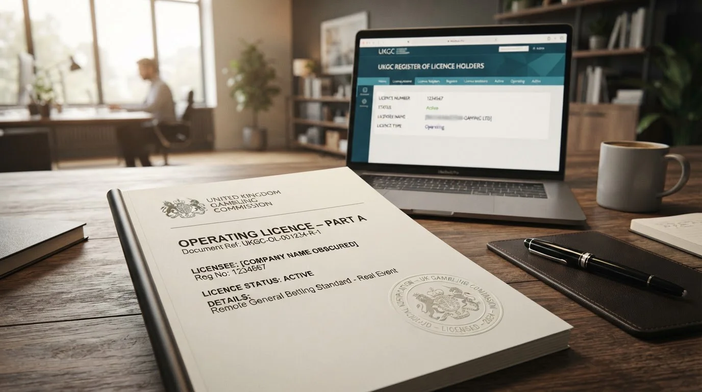 Person at desk reviewing UK casino licence documents with UKGC verification stamp visible