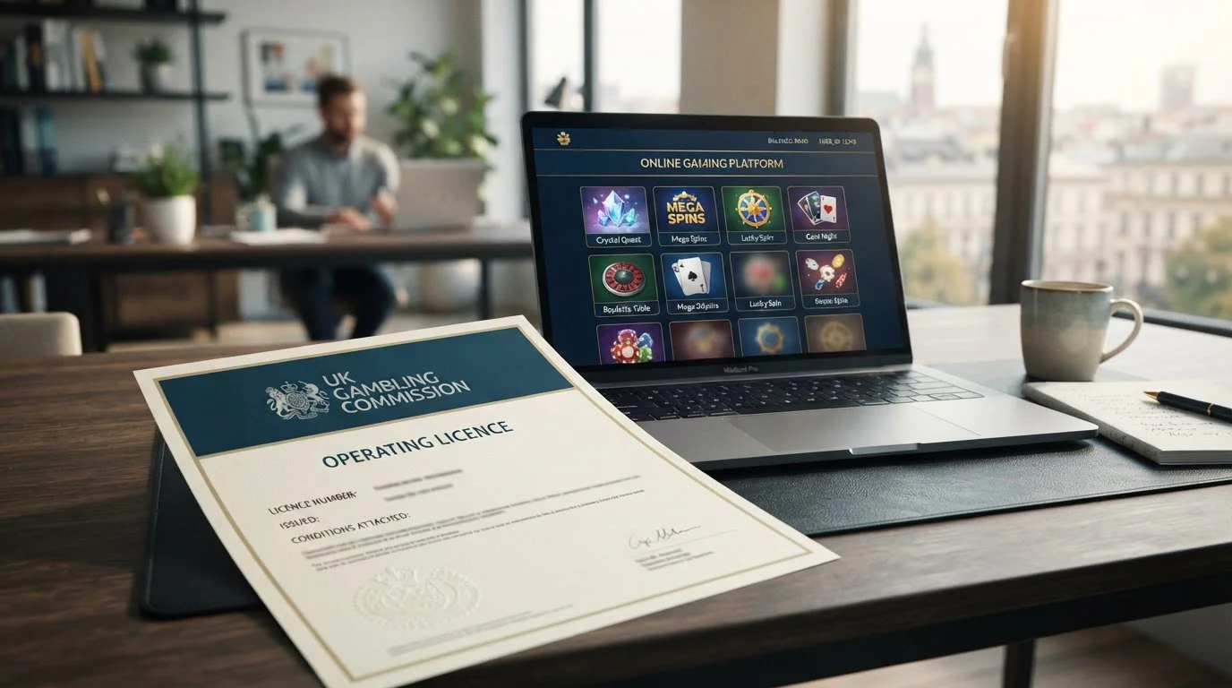 Clean desk setup with UKGC licence document and laptop showing casino verification interface