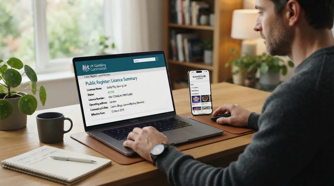 Laptop displaying UKGC licence verification page alongside mobile phone with casino app