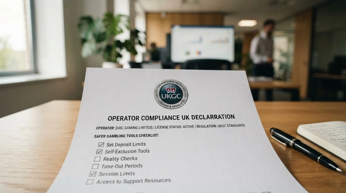 UKGC licence badge on a plain document with safer gambling tools checklist