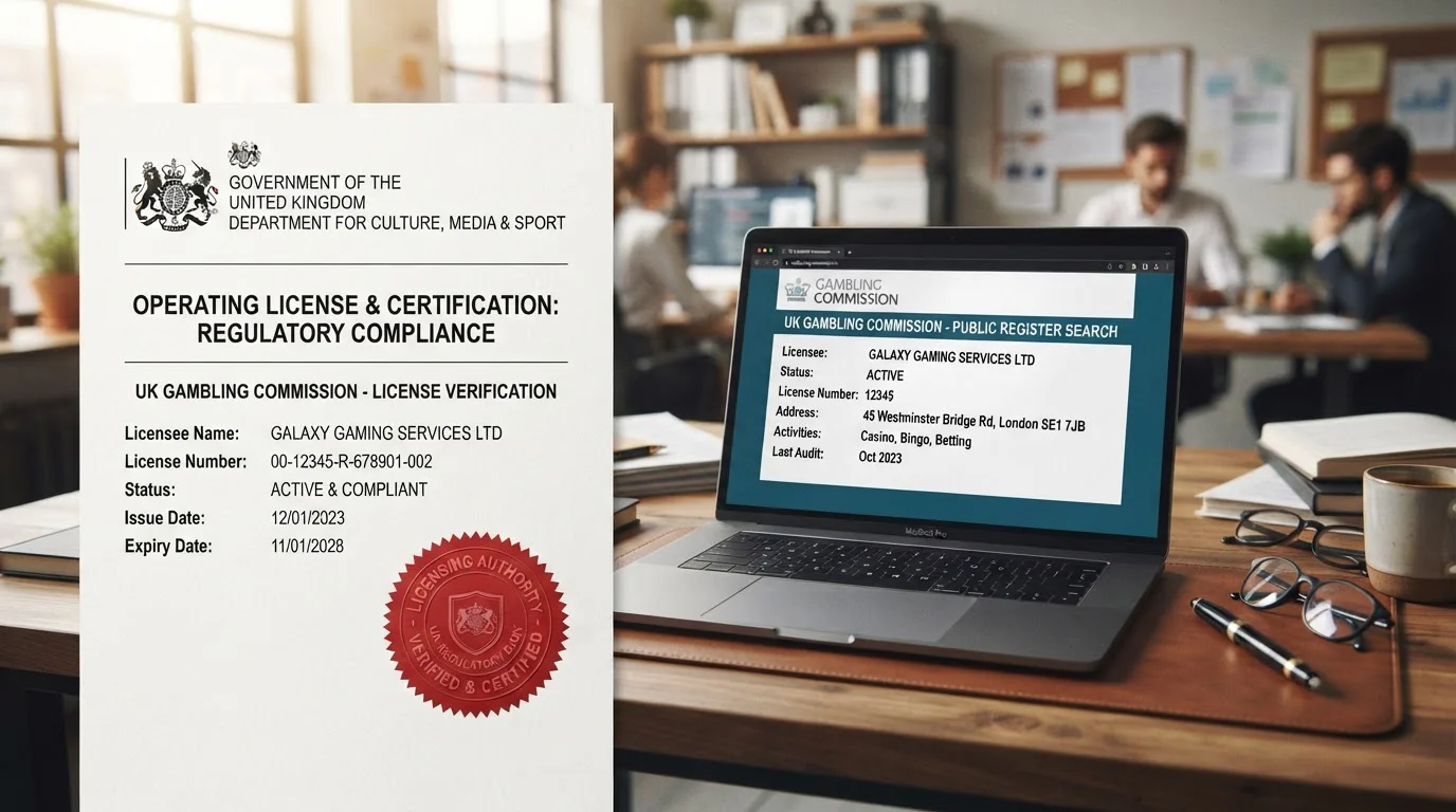 Official UK licensing document with government-style stamp beside laptop showing UKGC public register