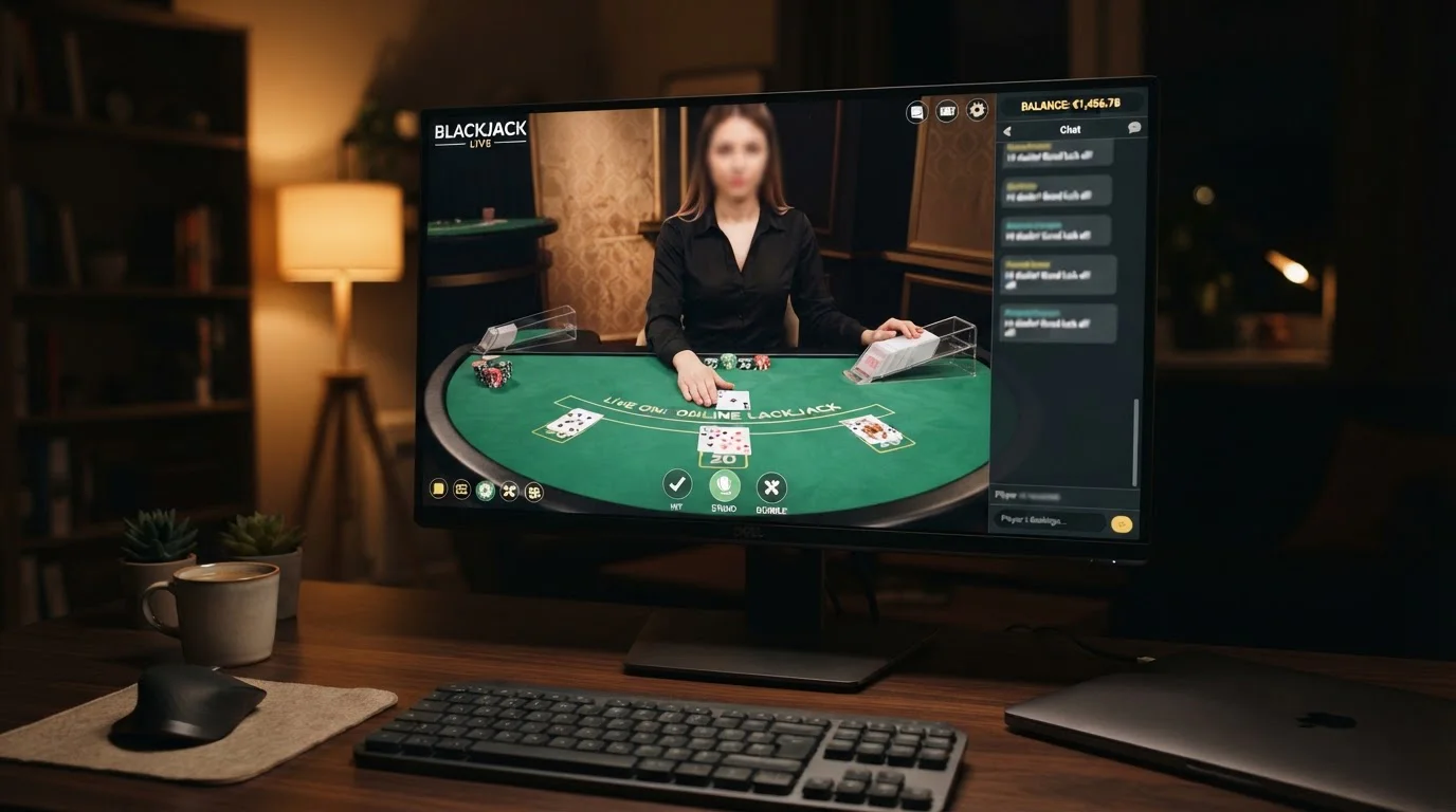 Desktop computer showing online casino live dealer table with Evolution Gaming interface