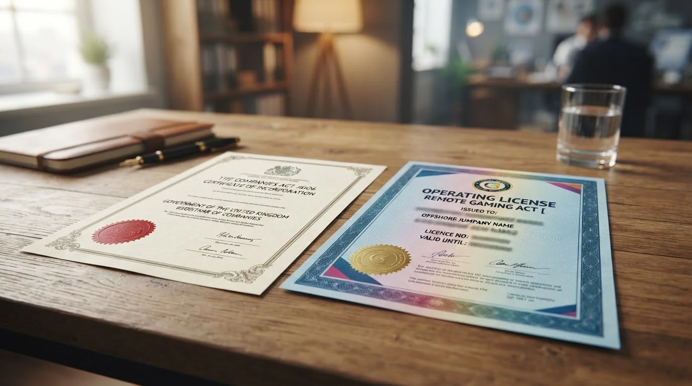 Split comparison document showing UKGC licence certificate and offshore Curacao licence side by side