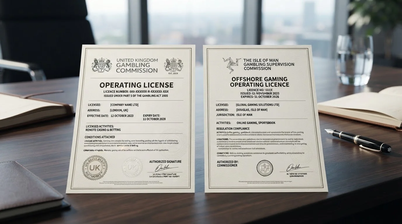 UK Gambling Commission licence document next to offshore gaming licence