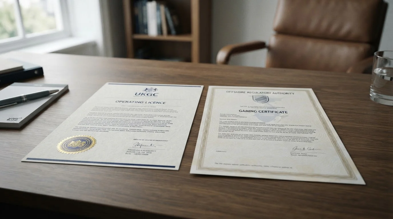 Side-by-side comparison chart showing UKGC licence badge versus offshore licence document