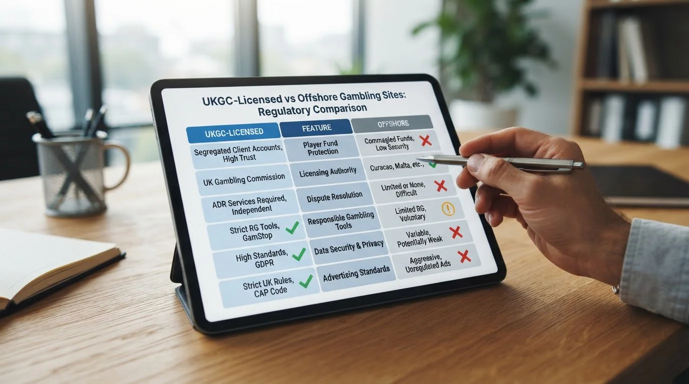 Two-column comparison chart showing UKGC versus offshore regulatory protections