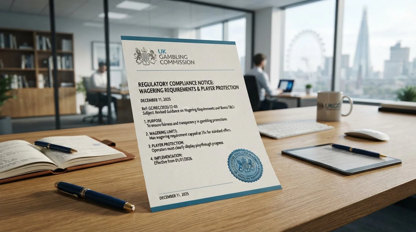 UK Gambling Commission logo with document showing January 2026 wagering requirement cap