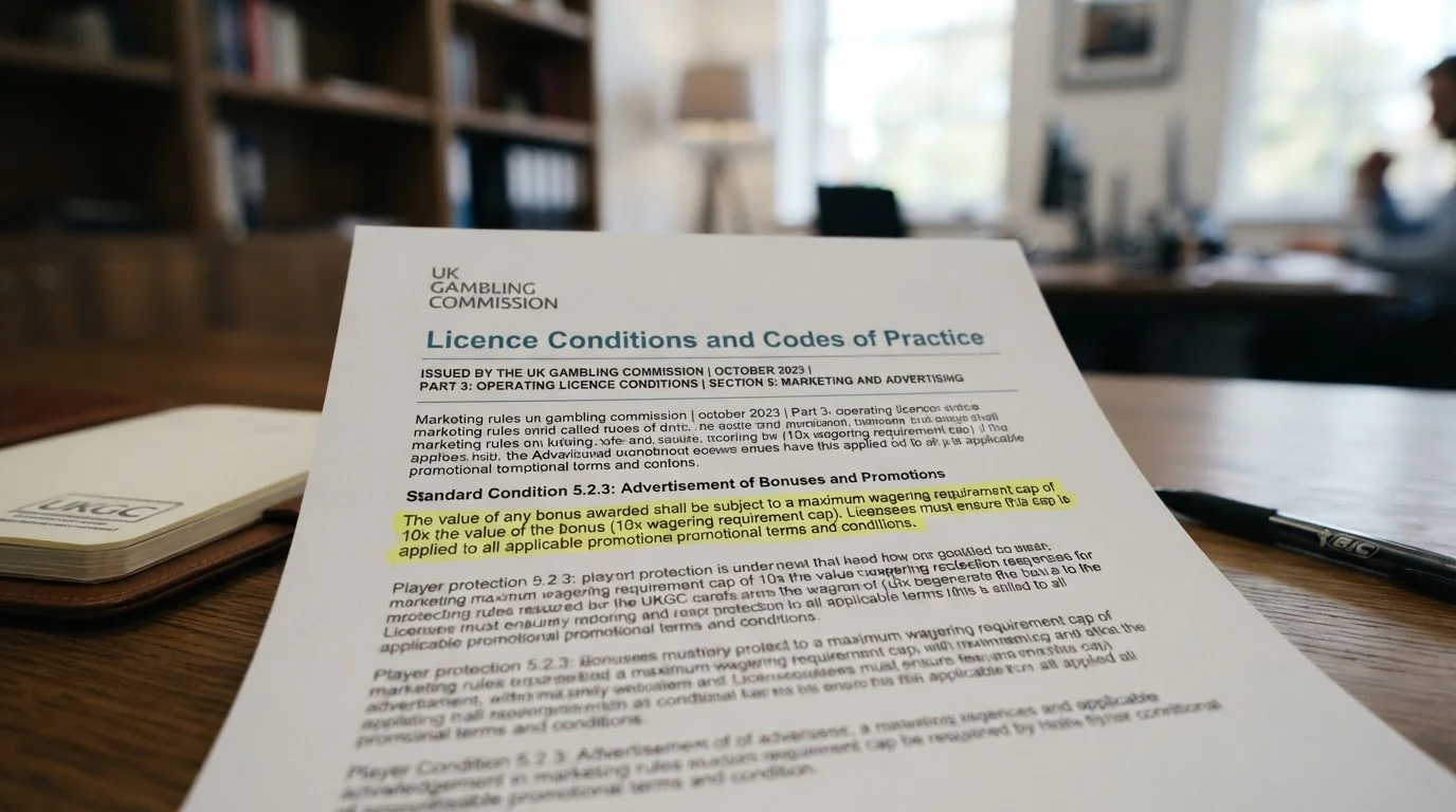 UKGC regulatory document with 10x wagering cap highlighted