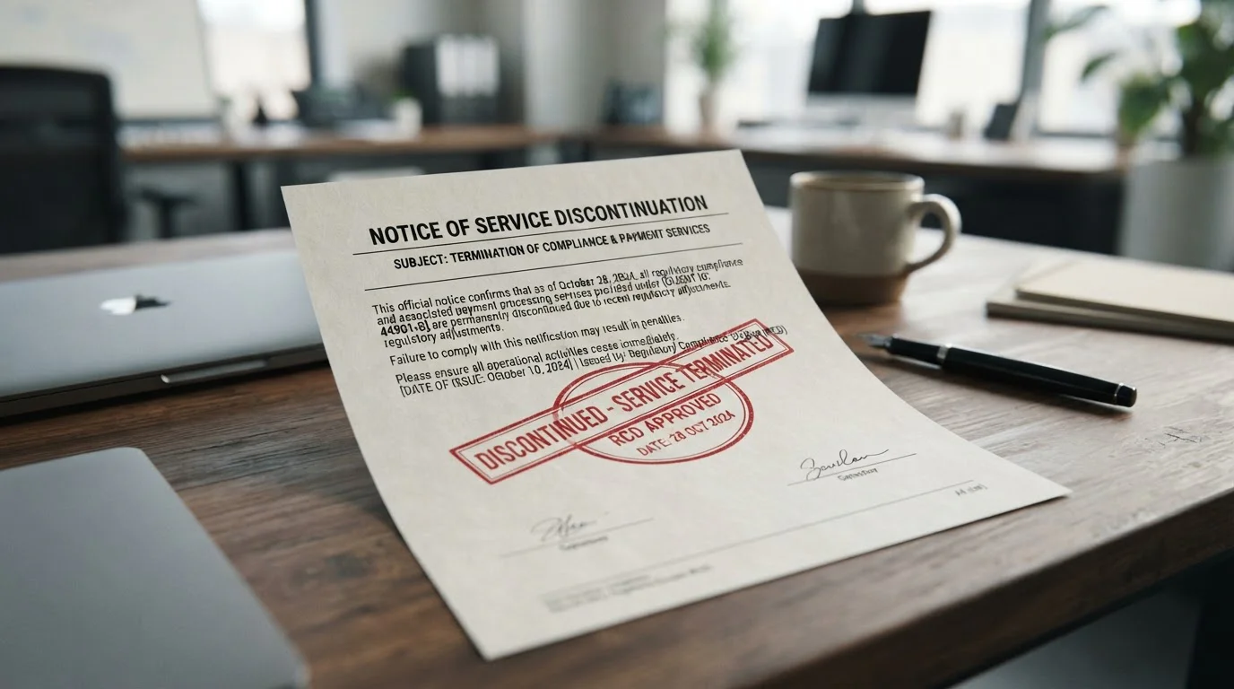 Discontinued payment service notification with regulatory documentation