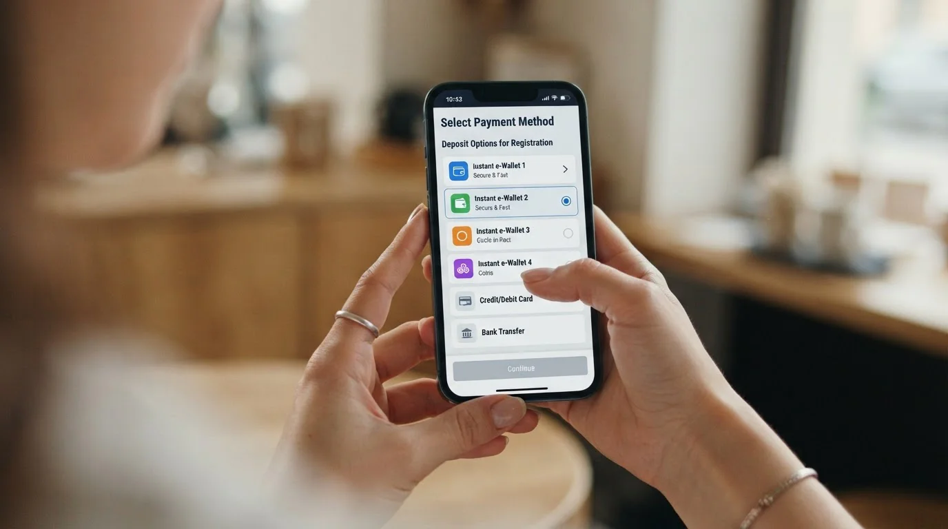 Person checking casino payment methods on smartphone before registering