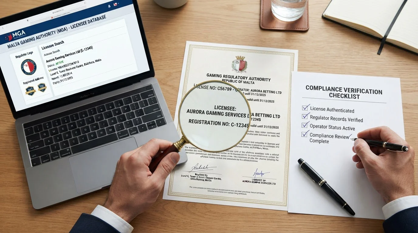 Magnifying glass over offshore casino licence certificate with verification checklist and trust indicators