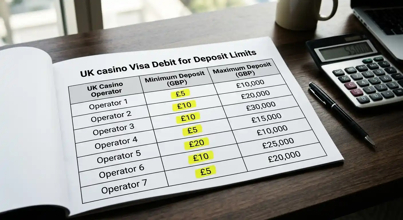 Printed deposit limits chart showing minimum and maximum Visa Debit amounts at UK casinos