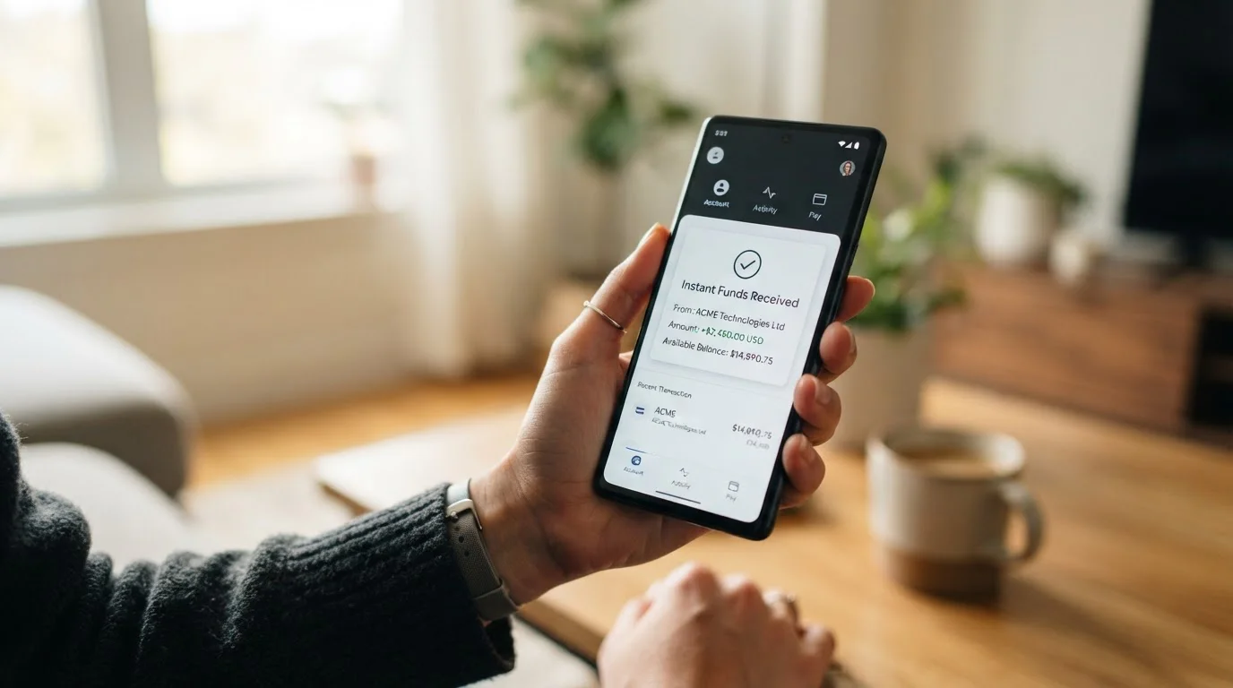 Smartphone displaying instant withdrawal notification via Visa Fast Funds