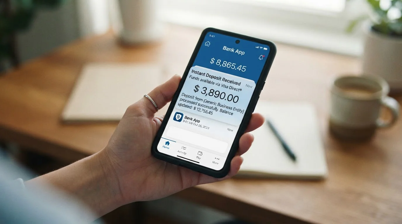 Smartphone showing bank notification of instant Visa Direct deposit received