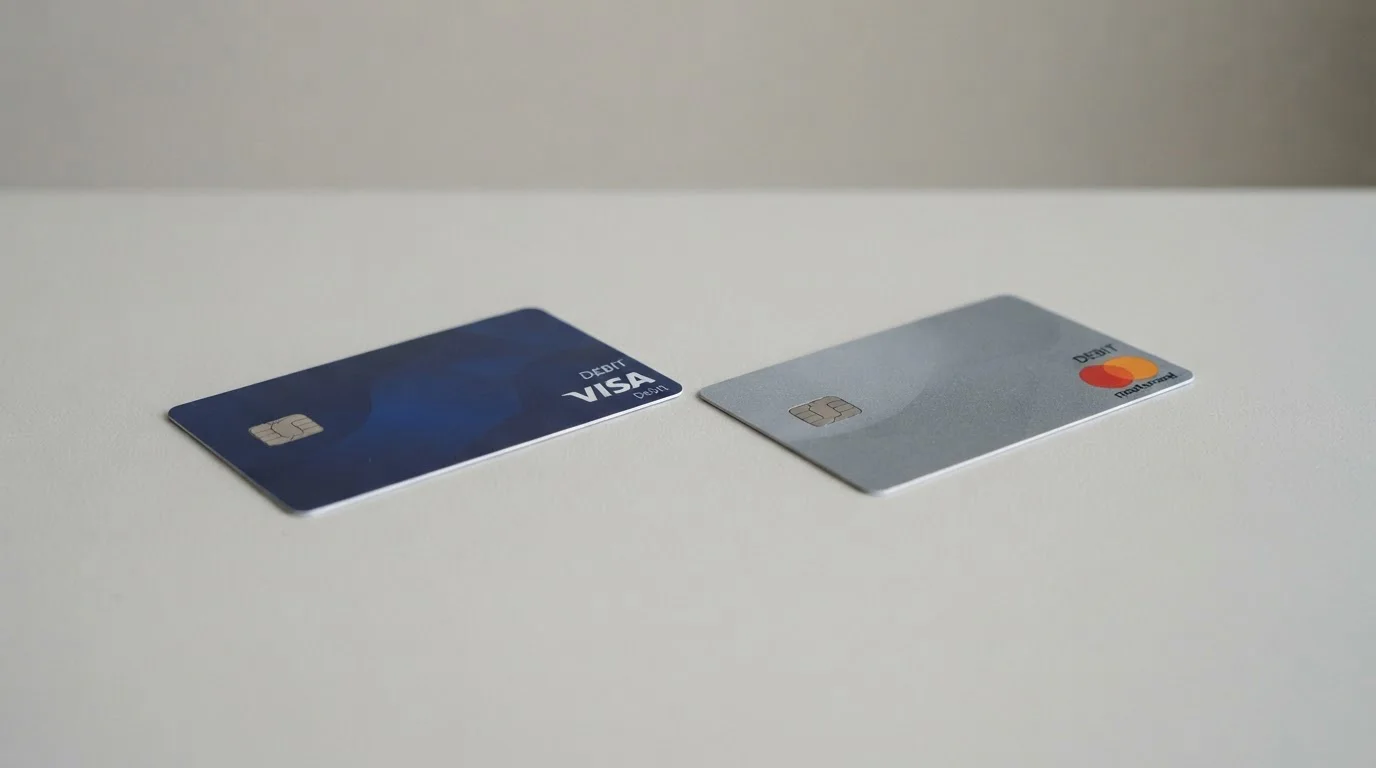Side-by-side Visa Debit and Mastercard Debit cards on neutral background