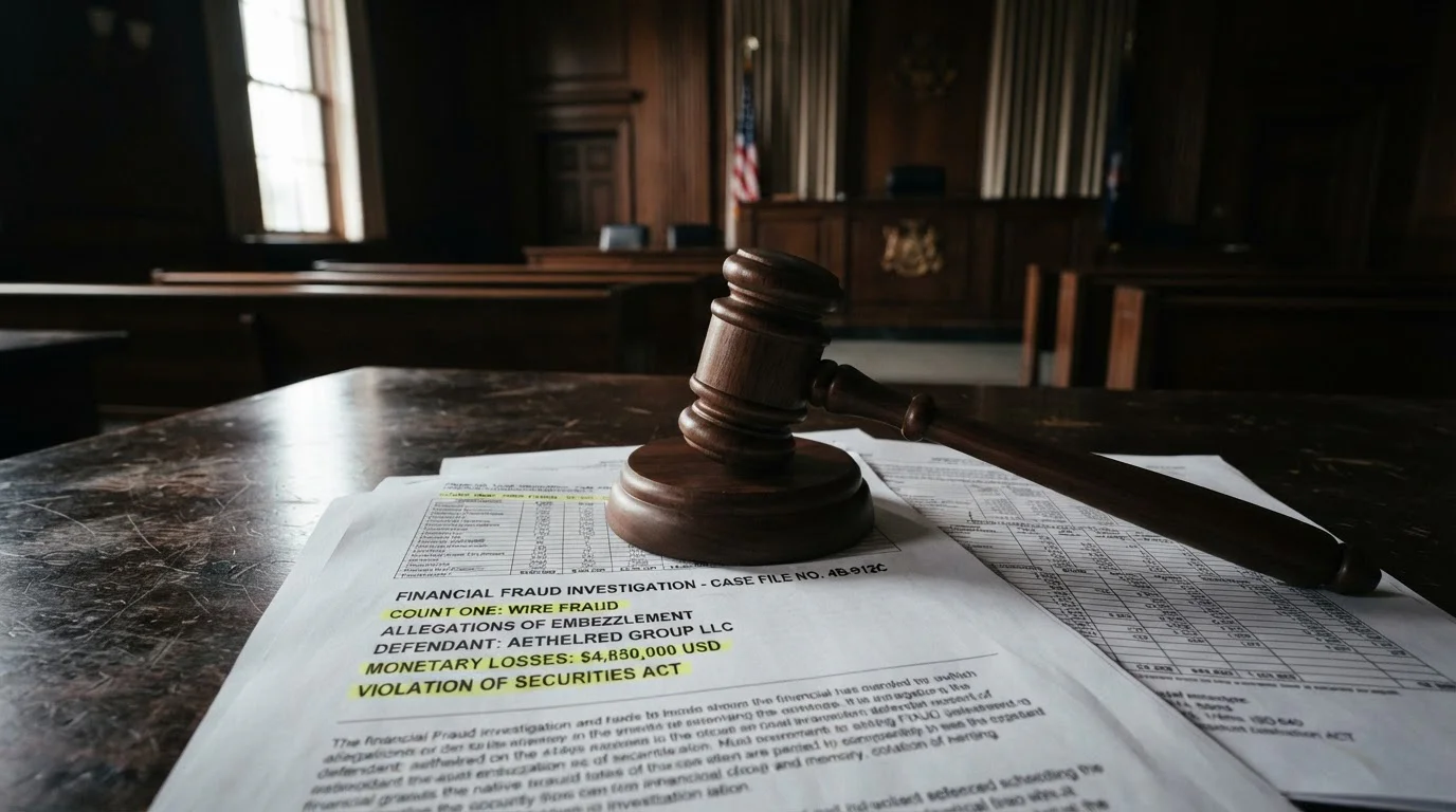 Courtroom gavel and financial documents with highlighted fraud allegations