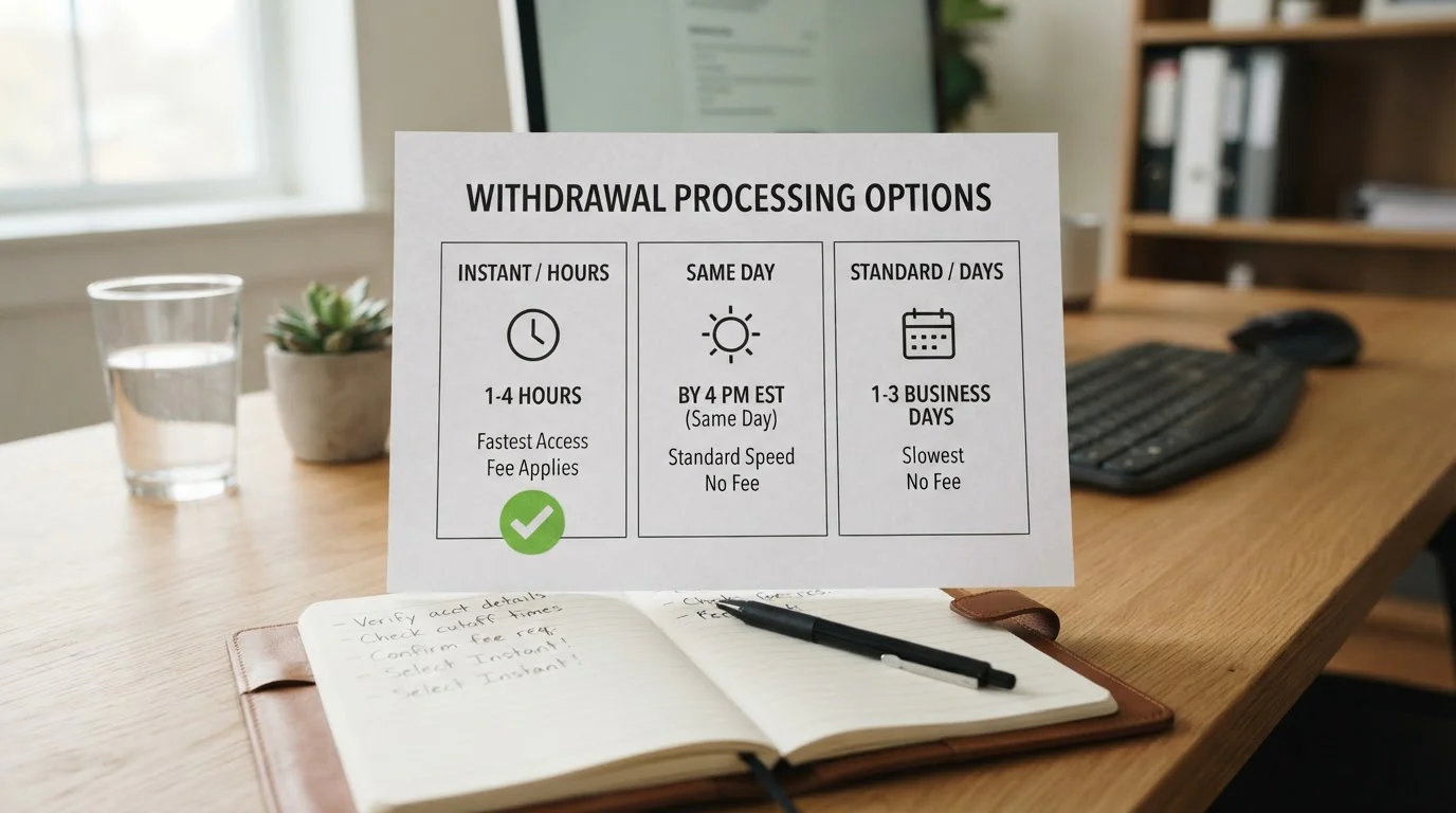 Withdrawal processing timeline document showing different time ranges with checkmark on fastest option