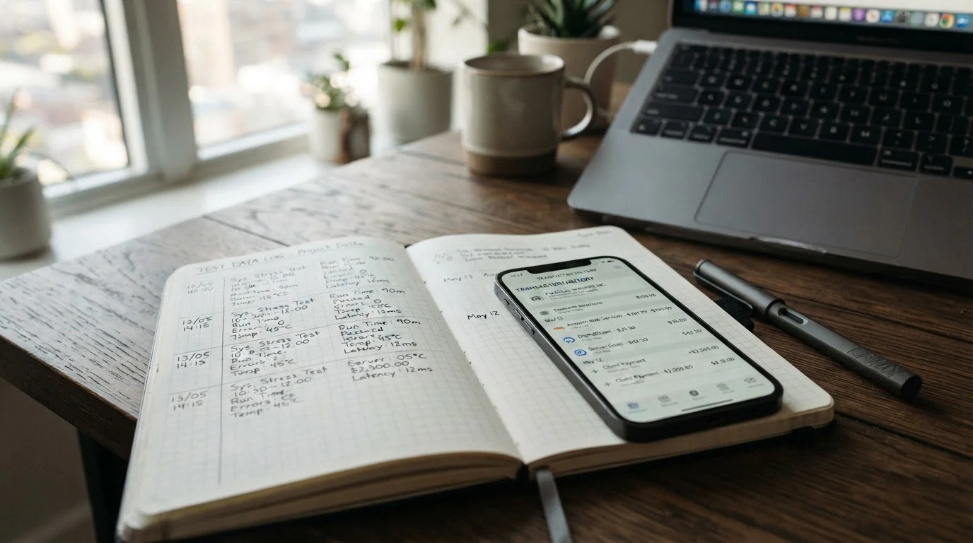 Notebook with handwritten test results, smartphone showing banking app transaction history