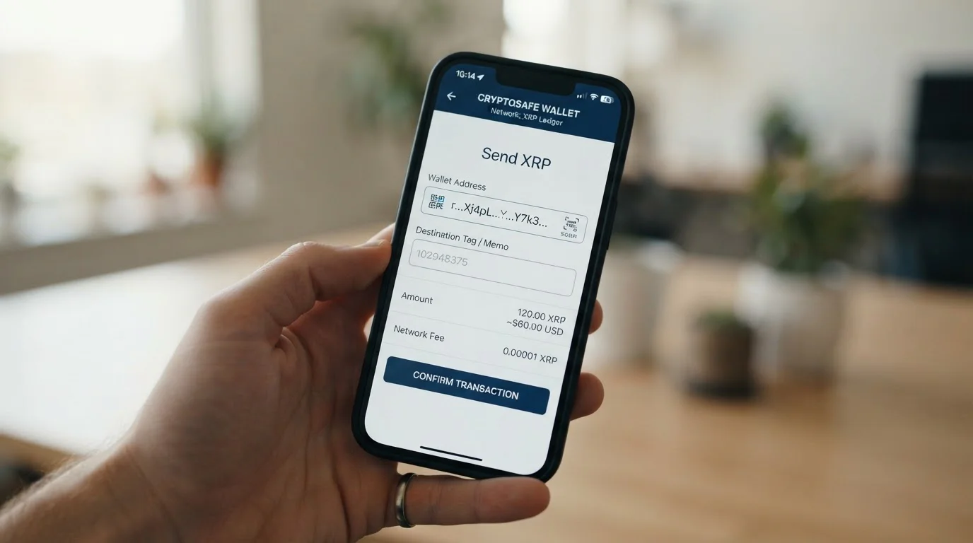 Mobile phone displaying XRP wallet with deposit address and destination tag fields