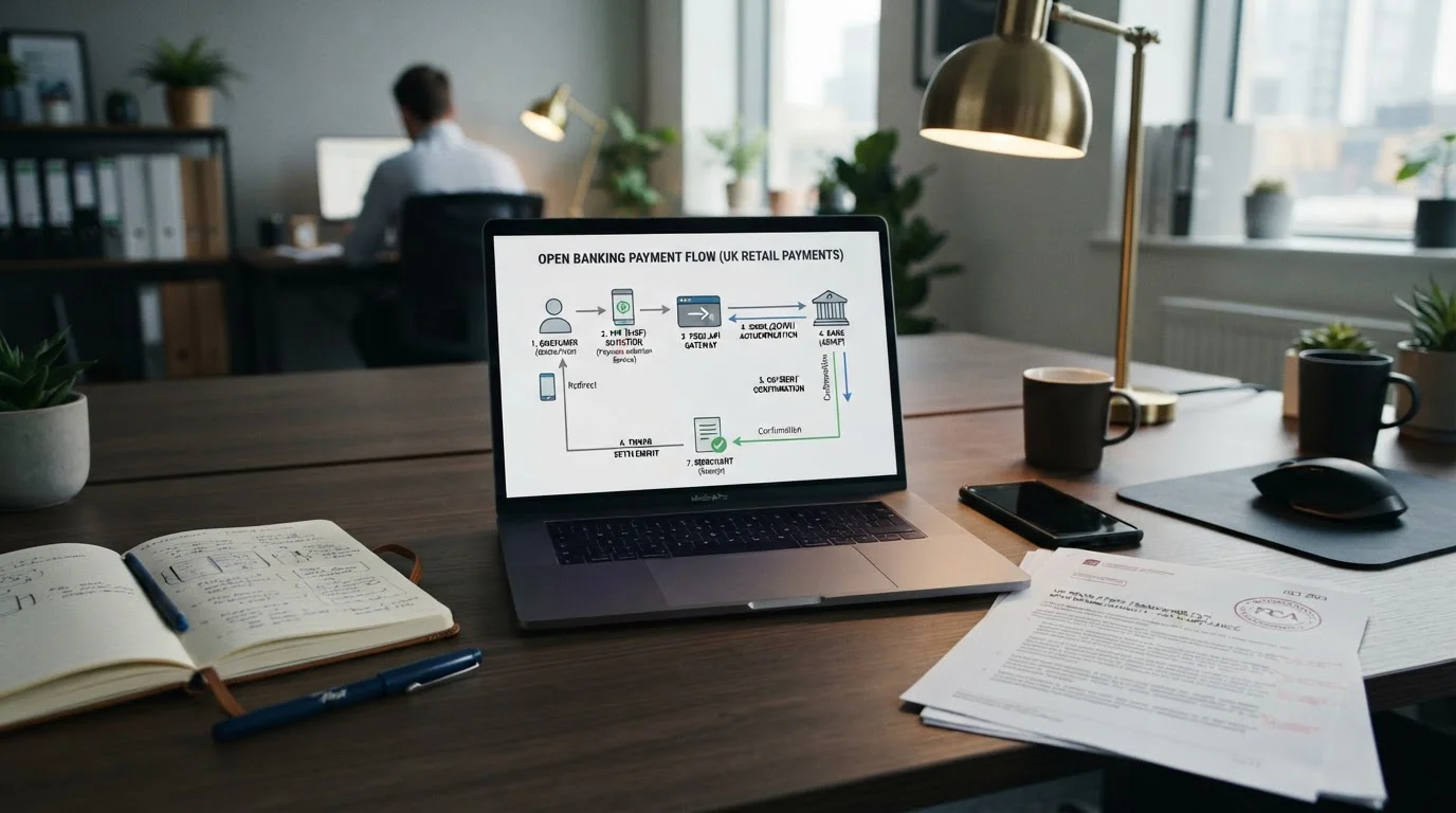 Office desk with laptop displaying Open Banking payment flow diagram and UK regulatory documents